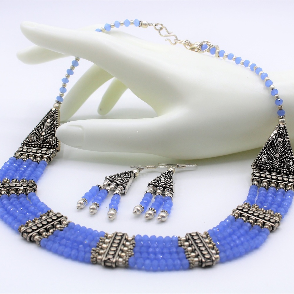 Blue chalcedony beaded multi strand two piece set